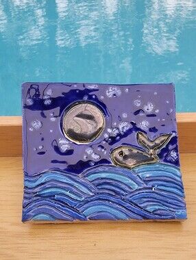Handmade Blue Whale Night Ceramic Tile